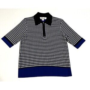 Diane Von Furstenberg Shirt Womens Small Polo Zip Black Blue White SS DVF Preppy